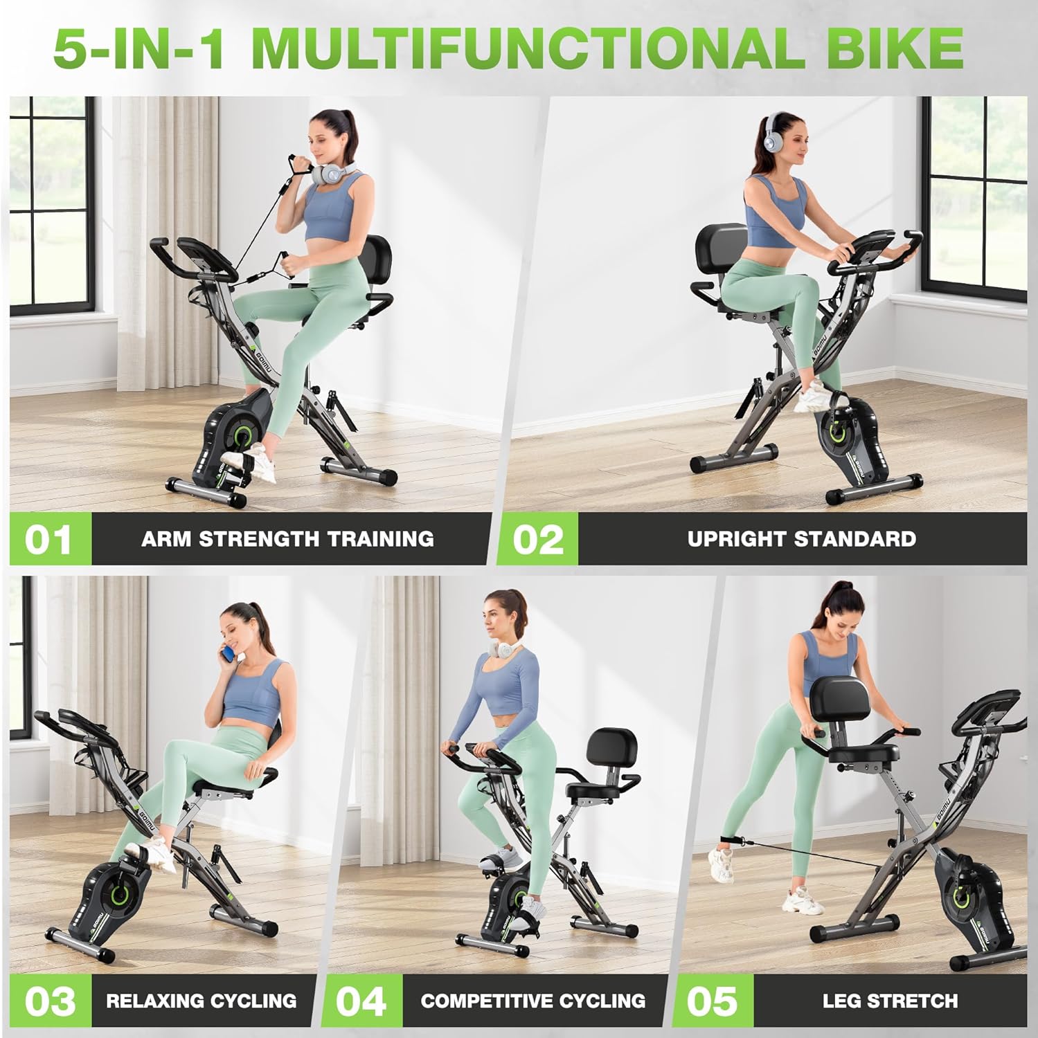 Exercise Bike, 5 in 1 Foldable Stationary Bike for Seniors, 16-Level Adjustable Magentic Resistance, Indoor Workout Bike with 330LB Capacity, Comfortable Seat Backrest X-bike - Image 7