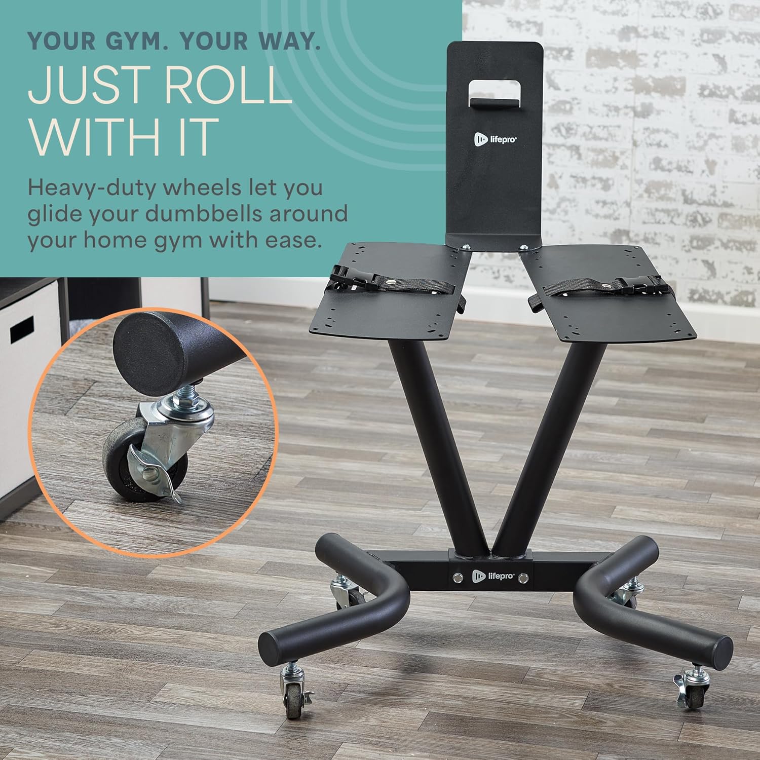 Lifepro Adjustable Dumbbell Stand Rack - Compatible with PowerFlow Plus, PowerUp Plus, and for More Brands- Phone Holder, featured Castors - Home Gym Storage and Convenient Strength Training - Image 9