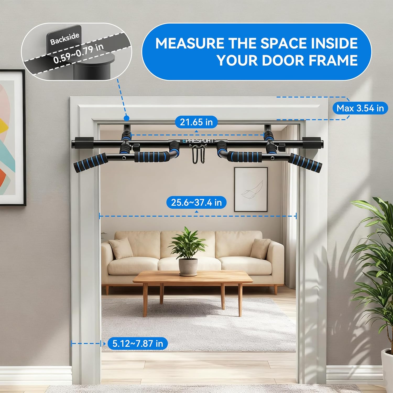 EPHESPORT New Version Pull Up Bar with Resistance Bands, No Screwing Pullup Bar for Doorway, Ergonomic Grip, USA Original Patent Design, 440 Lbs Capacity, Chin Ups Strength Training Equipment - Image 4