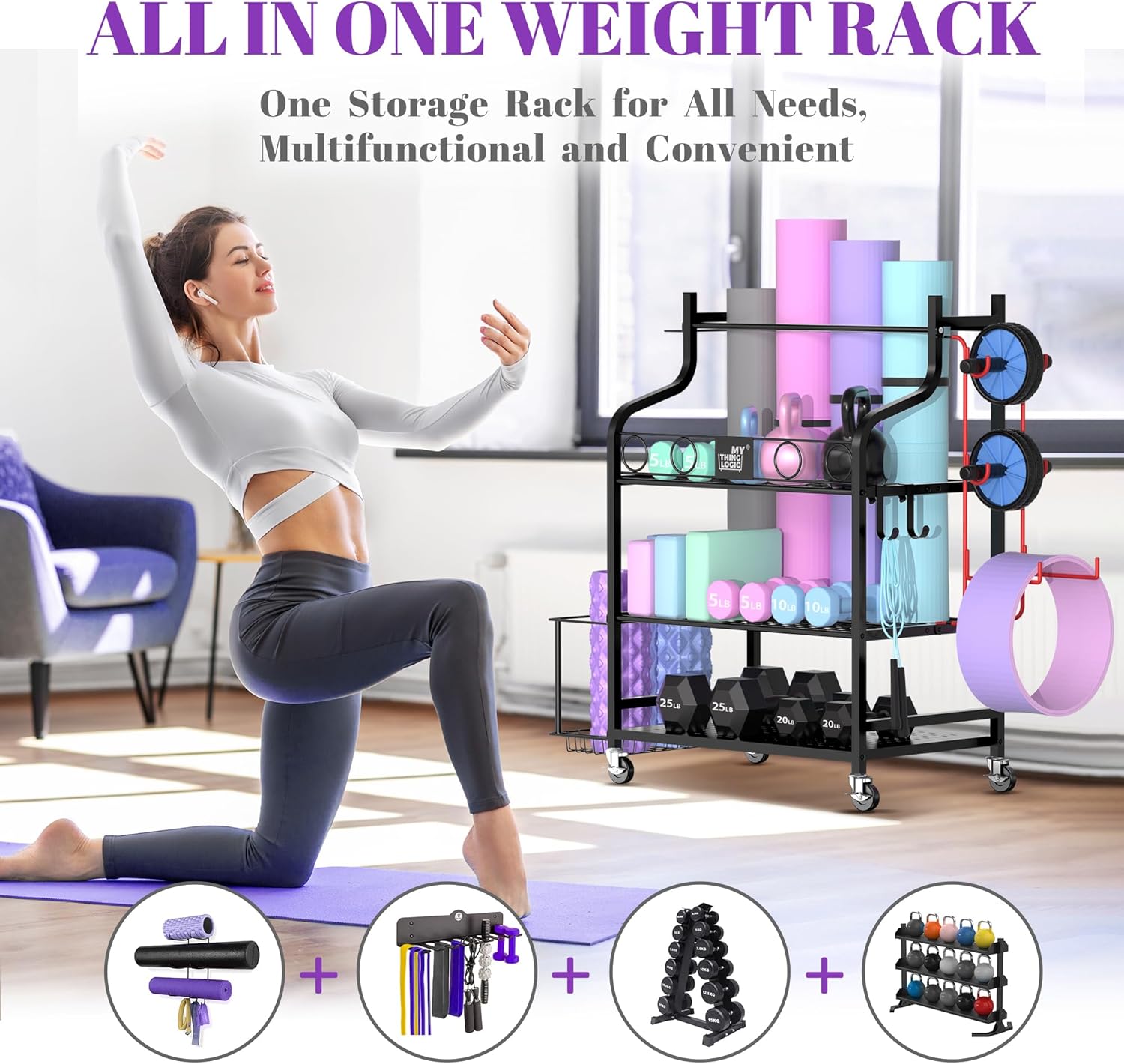 Mythinglogic Yoga Mat Storage Racks,Home Gym Storage Rack for Dumbbells Kettlebells Foam Roller, Yoga Strap and Resistance Bands, Workout Equipment Storage Organizer With Hooks and Wheels - Image 2