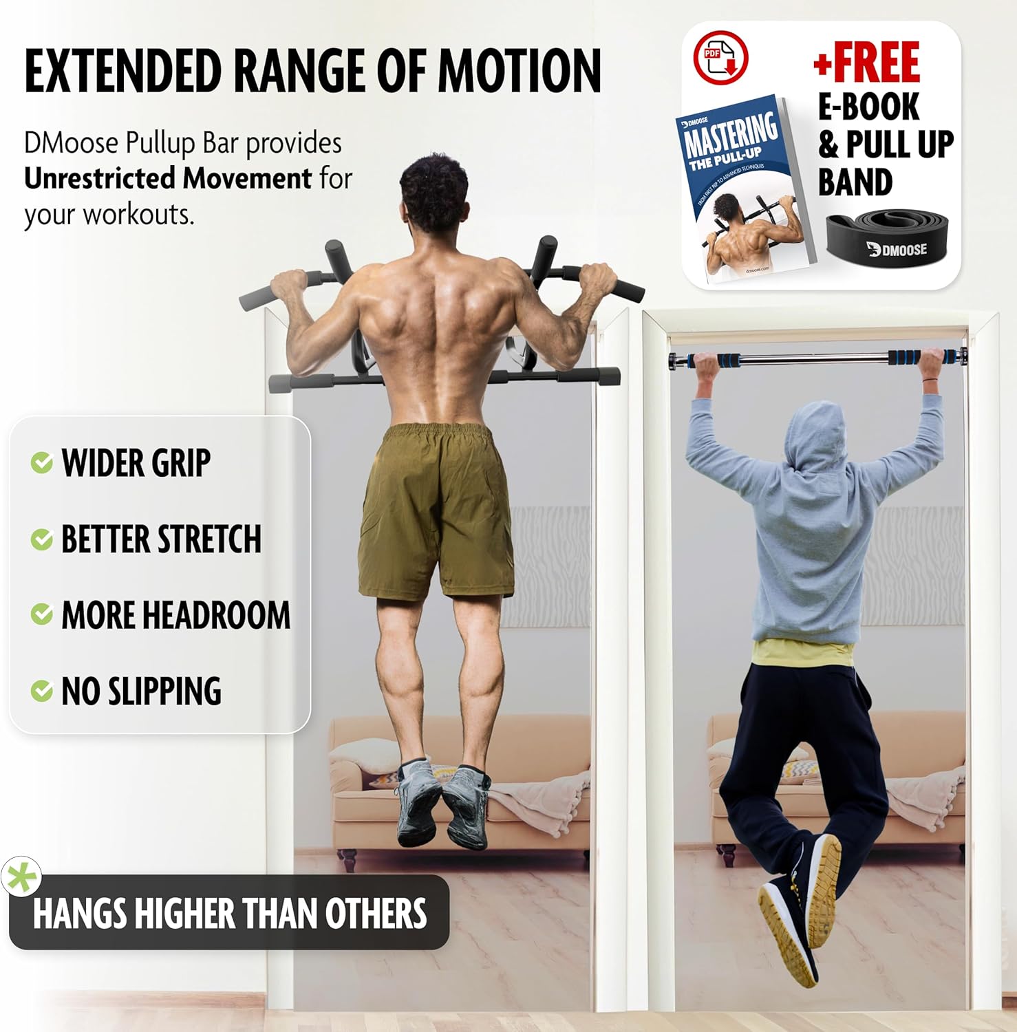DMoose Fitness Pull Up Bar for Doorway - Upto 250 Lbs Capacity, No Screwing or Slipping, Hanging Pullup & Chin Up Bar for Door Frame - Multi Padded Grips for Strength Training with Installation Guide - Image 2