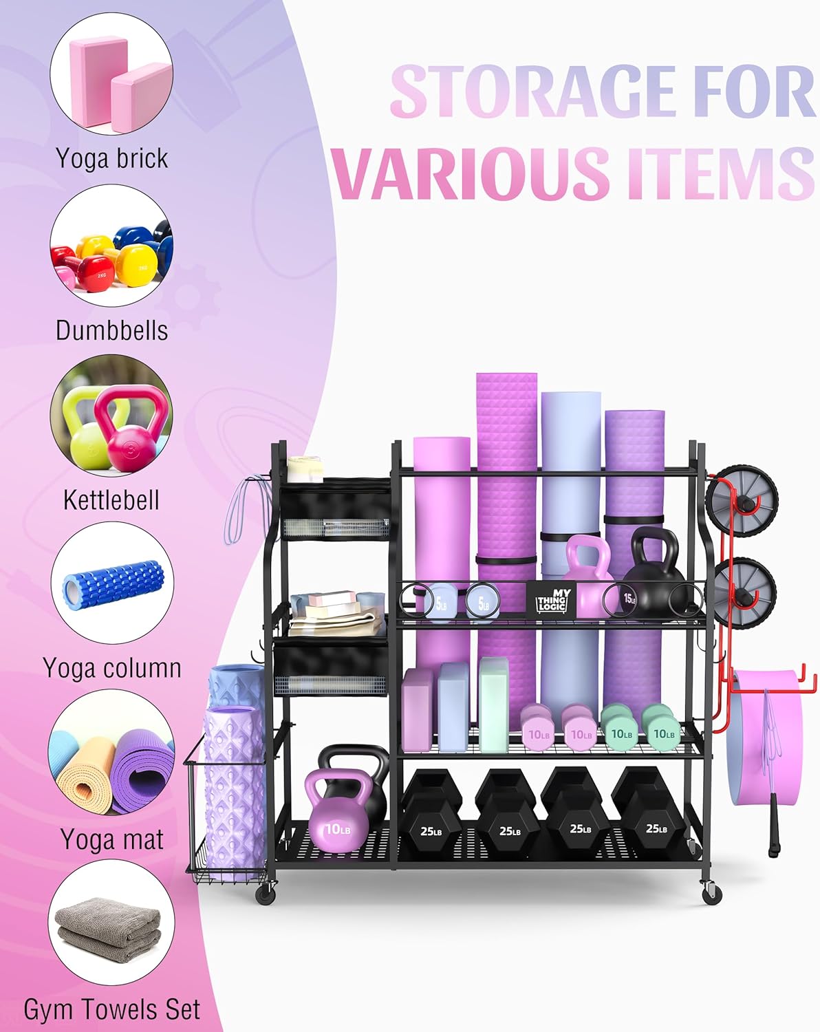 Mythinglogic Weight Rack for Dumbbells, Home Gym Storage for Yoga Mat Dumbbells Kettlebells and Strength Training Equipment, Dumbbell Rack with Wheels and Hanging Hooks - Image 2