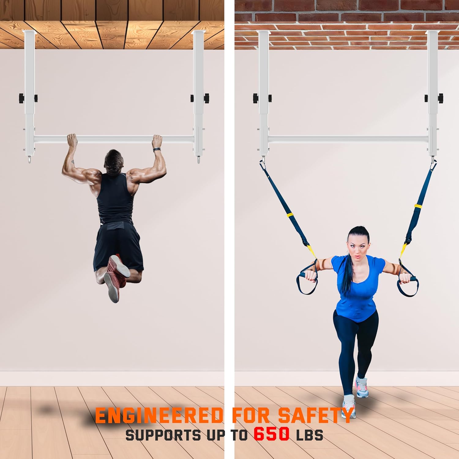 48" Ceiling Mount Pull Up Bar, Heavy Duty Multi-Grip Rafter Chin Up Bar for Garage/Basement/Backyard Ceiling Beam, Adjustable Height&Supports to 650 Lbs - Image 2