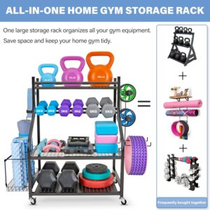 Dumbbell Rack, Yoga Mat Storage Rack – Weight Rack for Dumbbells, Home Gym Storage Rack for Yoga Mat, Dumbbells and Kettlebells, All in One Workout Equipment Storage with Caster Wheels