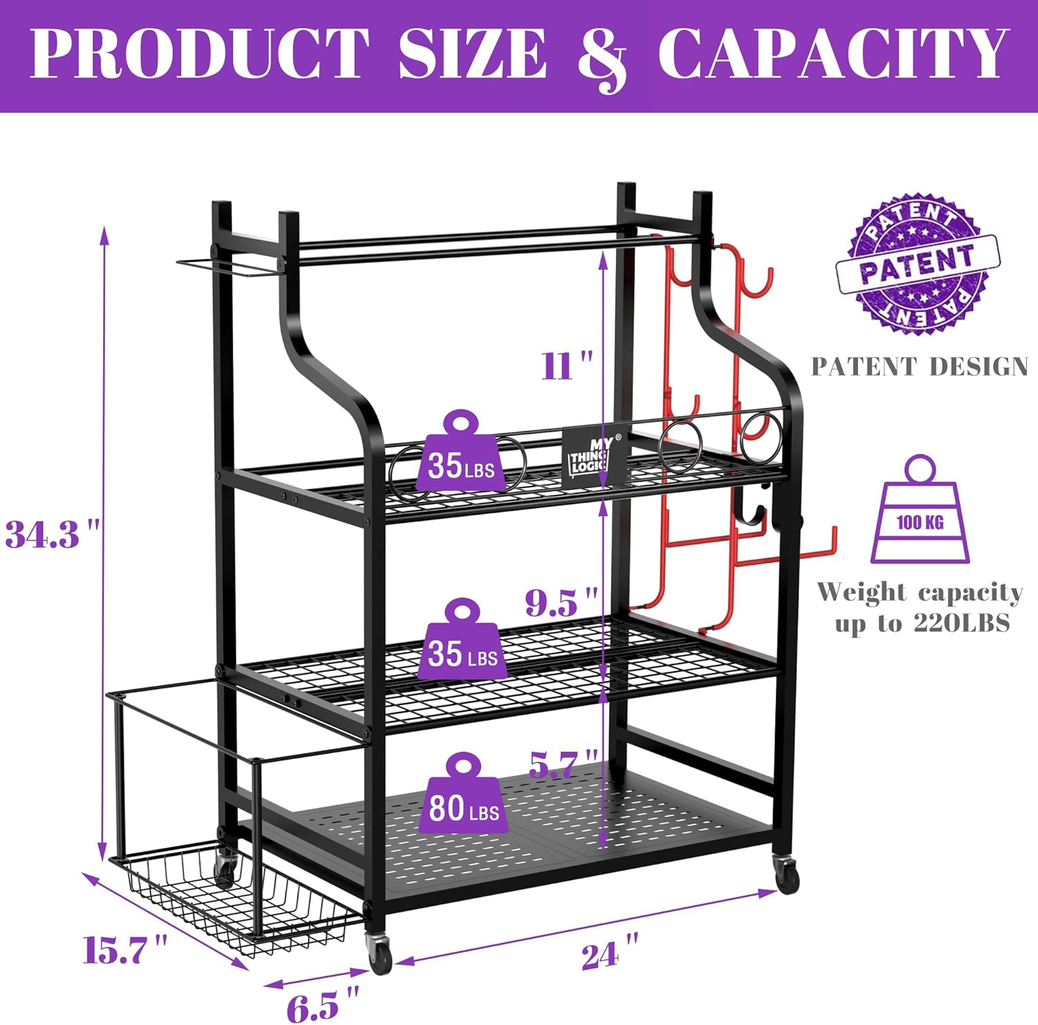 Mythinglogic Yoga Mat Storage Racks,Home Gym Storage Rack for Dumbbells Kettlebells Foam Roller, Yoga Strap and Resistance Bands, Workout Equipment Storage Organizer With Hooks and Wheels - Image 4
