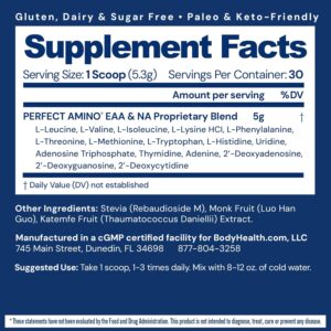 BodyHealth PerfectAmino Powder – BCAA and EAA Powder for Pre and Post Workout – Amino Acid Energy Drink for Men and Women to Support Lean Muscle and Recovery – Unflavored – 30 Servings