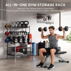 Dumbbell Rack, Weight Rack for Home Gym, Weight Stand for Dumbbells Kettlebells Yoga Mat and Balls, All in One Home Gym Storage with Universal Wheels and Hooks, Workout Storage for Yoga(Metal)