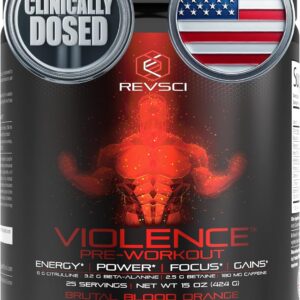 Violence Pre Workout Powder for Men & Women, Clinically Dosed Preworkout, 180 mg Caffeine + L-Theanine, L Citrulline Malate, Beta Alanine, Alpha GPC – 25 Servings, Blood Orange – Energy, Focus & Pump
