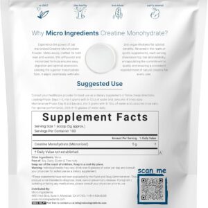 Instant Creatine Monohydrate Powder 500 Grams (1.1 Lb), 5000mg Per Serv, Micronized Creatine Powder, Unflavored, Pure, No Filler, Keto & Vegan, Easy Dissolve Pre Workout for Women and Men