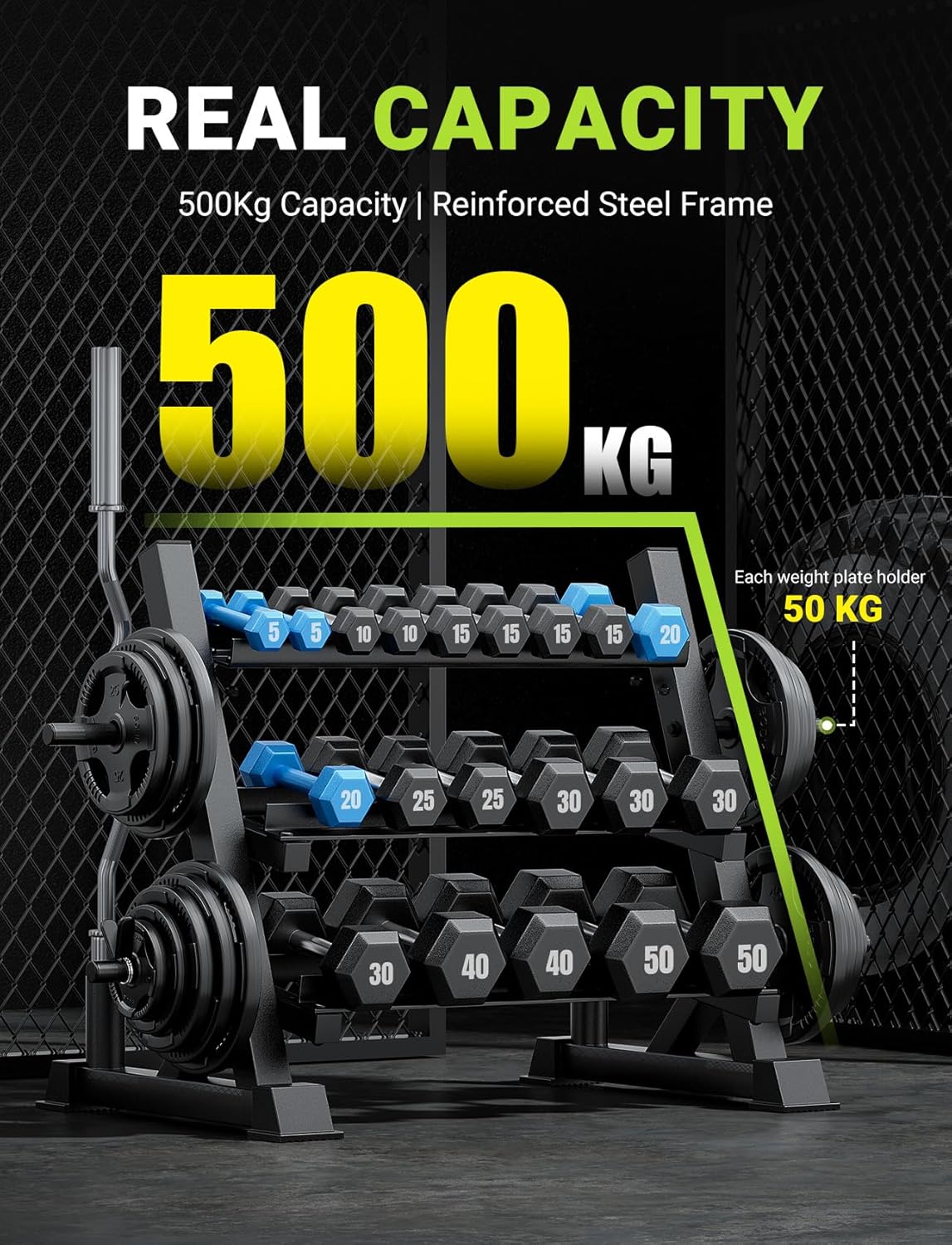 YOLEO Professional Dumbbell Rack, 1100LBS Capacity Weight Rack for Dumbbells Barbells Kettlebells, 3-Tier Adjustable Weight Stand, Multifunctional Weight Storage, Compact Weight Organizer for Home Gym (Rack Only) - Image 4