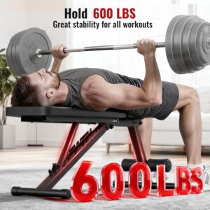 Adjustable Weight Bench for Home Gym Dumbbell Exercise, 600LBS Stable Incline Decline Flat Bench for Full Body Workout, Foldable Workout Bench with Resistance Bands for Bench Press Strength Training