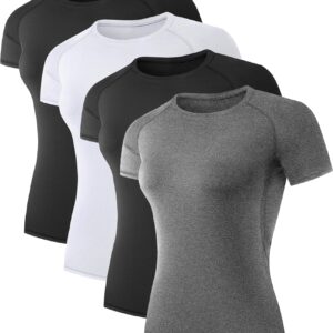 TELALEO 4 Pack Women’s Compression Shirt Running Athletic T-Shirts Workout Tops Baselayer Short Sleeve Yoga Gym Sports Gear