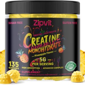 Zipvit Creatine Monohydrate Gummies (5g) – Pre-Workout Energy & Muscle Growth Support for Men & Women | Pineapple Electrolyte Gummies (135 Count)