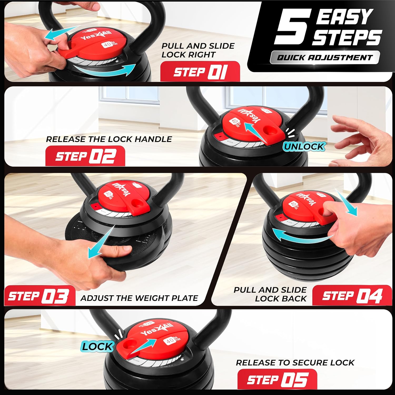 Yes4All Adjustable Kettlebell Set, 20–40 LB Weight Set, Solid Cast Iron Handle with Spacer Disks & Secure Lock, Space-Saving Kettlebell for Home Gym Strength Training, Black - Image 5