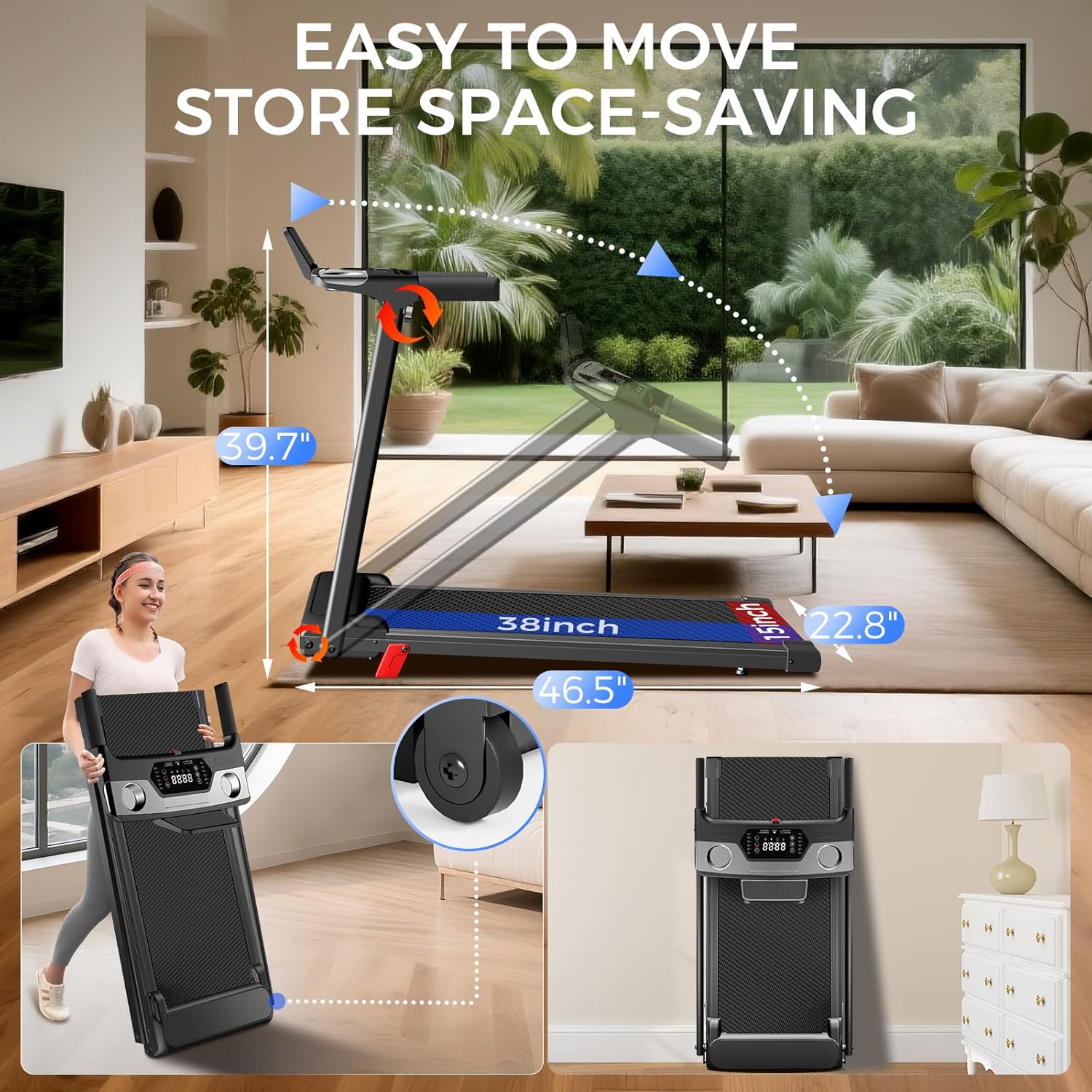 Treadmill with Incline 3-in-1 Portable Treadmills for Home Small, Incline Walking Pad Treadmill with Handle Bar, Walking Pad Foldable with 3.0HP Quiet Brushless, LED Dispay, 300LBS Capacity - Image 7
