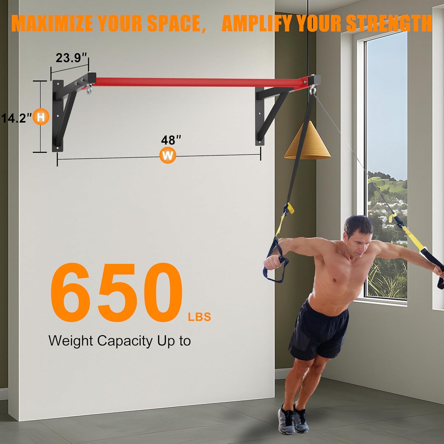Pull Up Bar Wall Mounted, Heavy Duty 650 lbs Capacity Chin Up Bar, 48" Multi-Grip Strength Training Pull-up Bars, for Home Gym Garage/Backyard Total Body Workout, Ease Of Use Mounting (Red) - Image 2