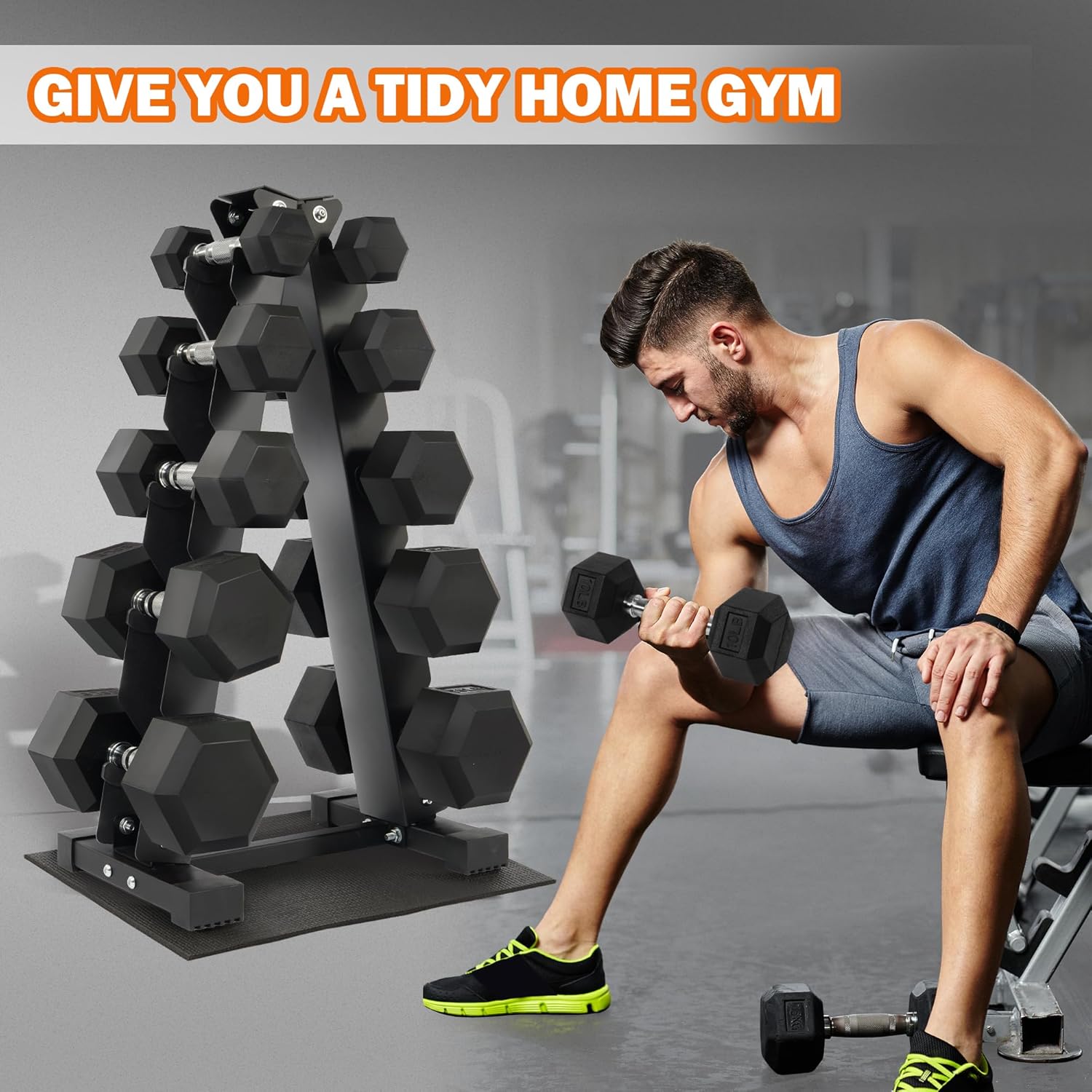 Fitvids Rubber Coated Hex Dumbbell Weight Set and Storage Rack, 100LBS, 150LBS or 200LBS Set, 5-20 lbs, 5-25 lbs, 10-30 lbs Pairs - Image 7