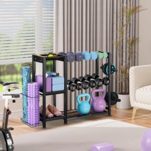 3-Tier Dumbbell Rack Stand Only – Adjustable Weight Rack for Home Gym, Heavy-Duty Weight Stand for Dumbbells Kettlebells Foam Roller Yoga Mats, Workout Equipment Storage Organizer With Hooks