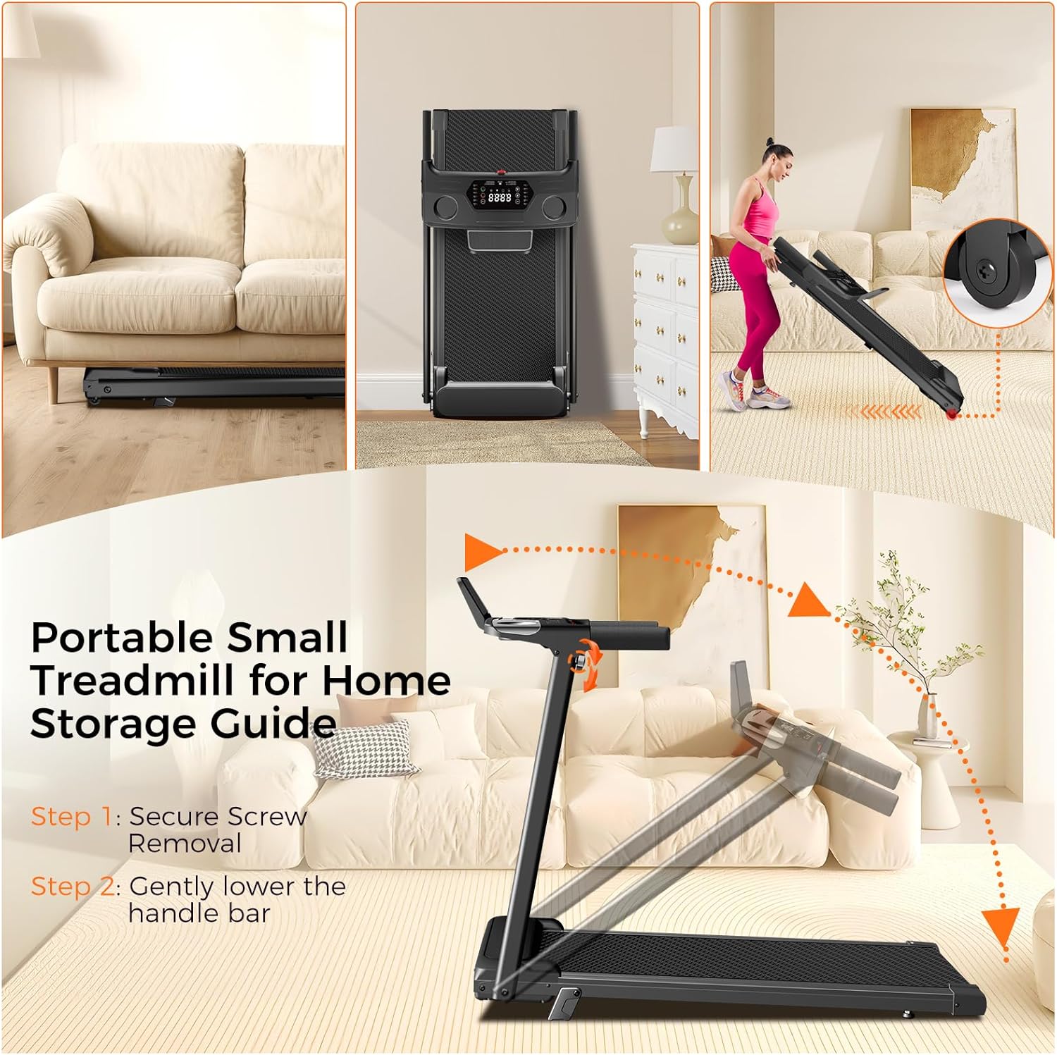 Treadmill with Incline, 3.0HP Small Treadmills for Home, Portable Electric Treadmill with Handles,Lightweight Walking Pad,Compact Running Treadmills,Walking Pad with Handle,LED Dispay,300LBS Capacity - Image 7