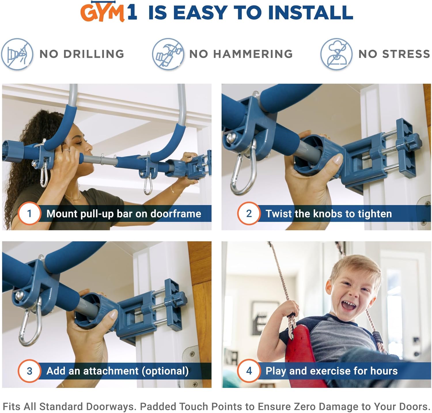 Gym1 Doorway Indoor Swing & Pull-Up Bar Set - Sensory Swing with Rope Ladder - Built-in Pull-Up Bar for Kids Workout Equipment - Easy No-Drill Mount for Indoor Playset - 2-Piece, Red - Image 3