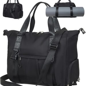 Gym Bag with Yoga Mat Holders, Carry On for Pilates Women & Men with Laptop & Shoe Compartment Large Duffle Travel Weekender Tote with Key Ring Clip Personal Item Workout, Easy to Clean – Black