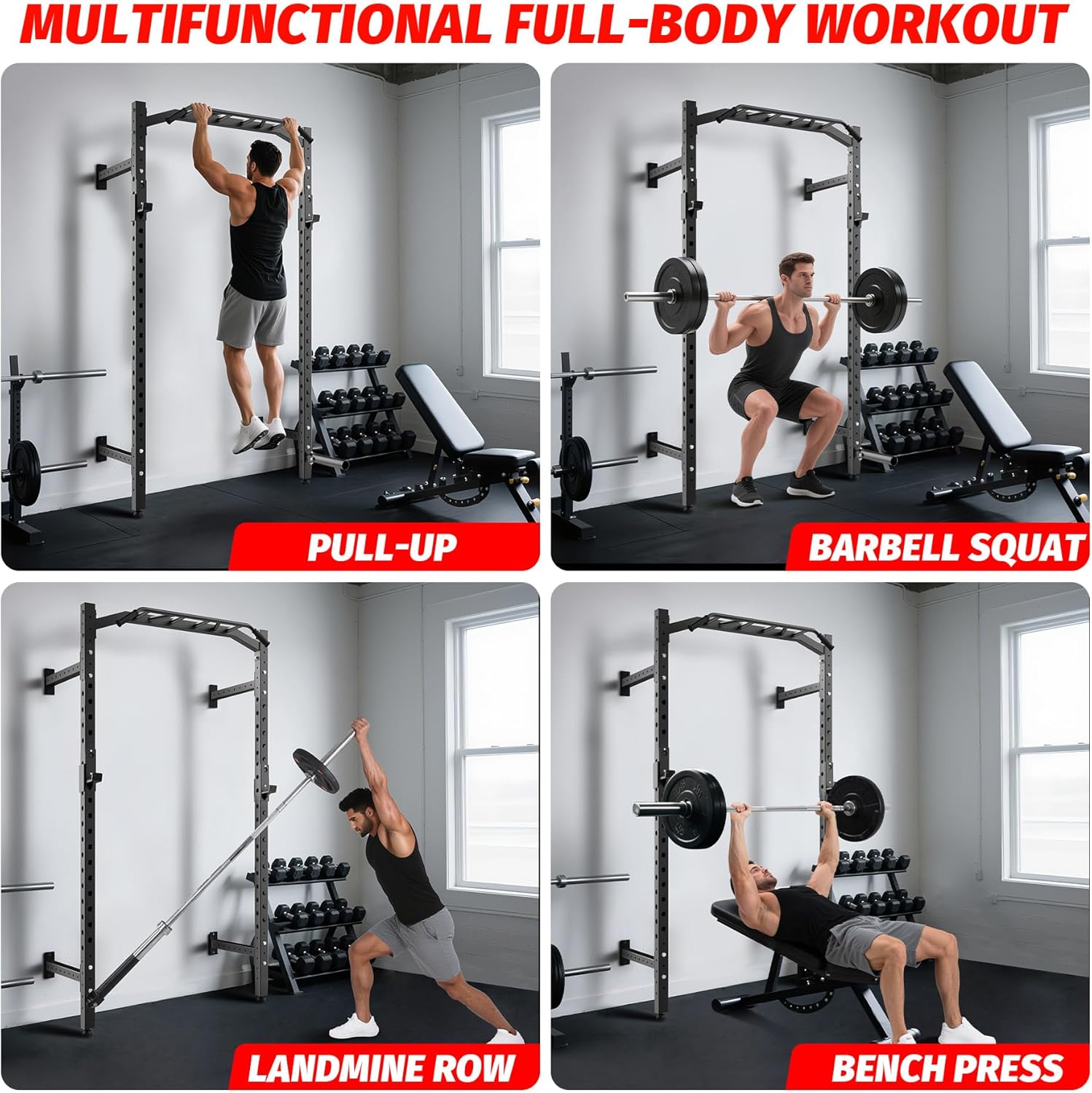1600LB Wall Mounted Power Rack, Commercial Squat Rack for Home Gym with Multi-Grip Pull Up Bar, j-Cups & Landmine Attachment for Home and Garage Gym - Image 8