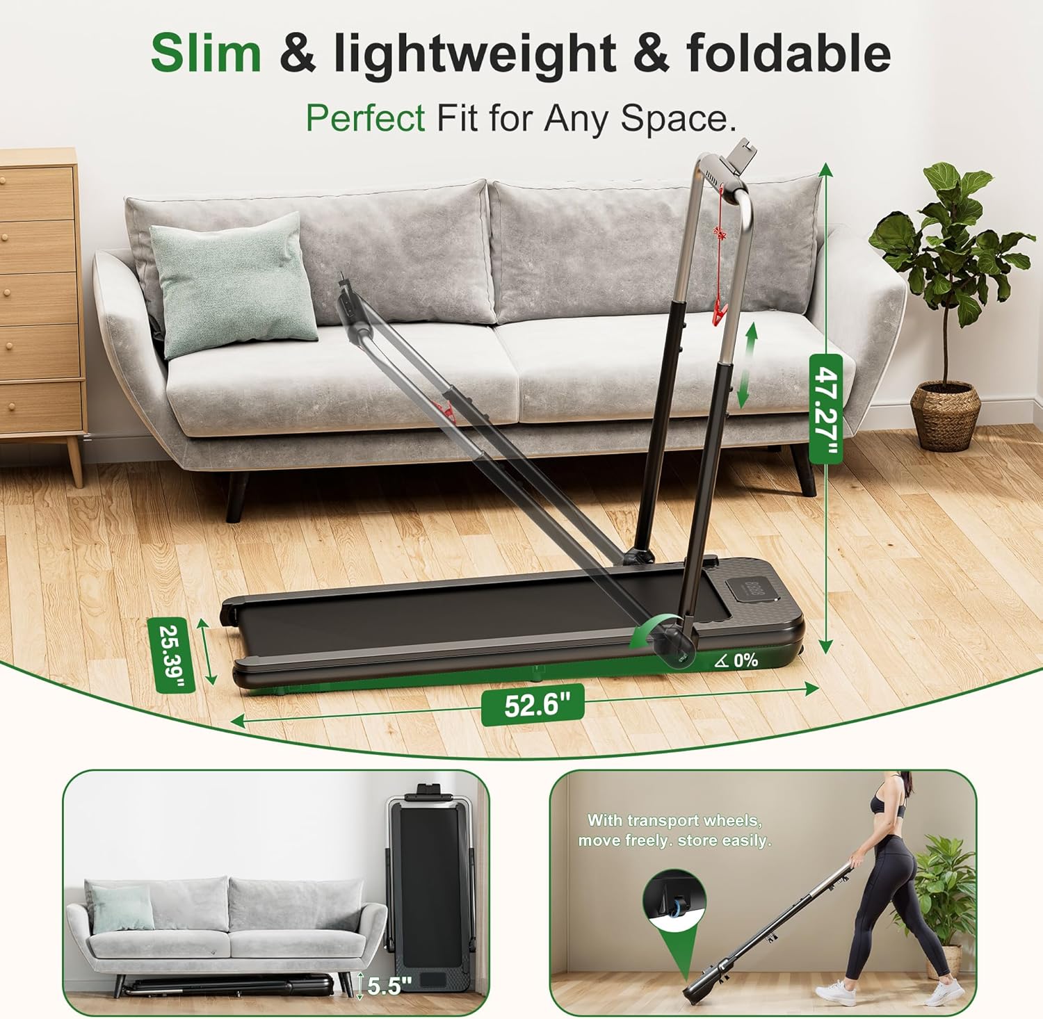 WELLFIT Folding Treadmill with 10% Incline,340+ lbs Capacity Portable Treadmills with Handlebar, Under Desk Treadmill for Home Office,Low Noise Walking Pad with Smart Voice Control for Jogging Running - Image 6