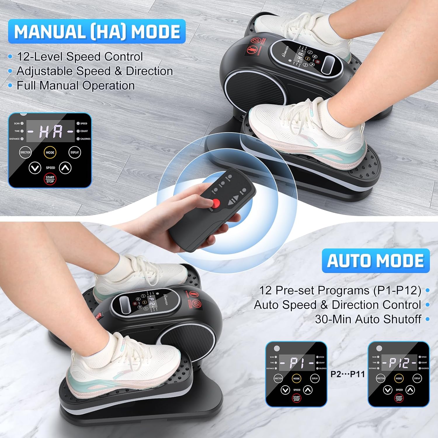 ANCHEER Under Desk Elliptical, 24-in-1 (12 Auto & 12 Manual) Elliptical Machine with Wireless Remote&Dual-Direction, Quiet Compact Leg Exerciser for Home Office - Image 4