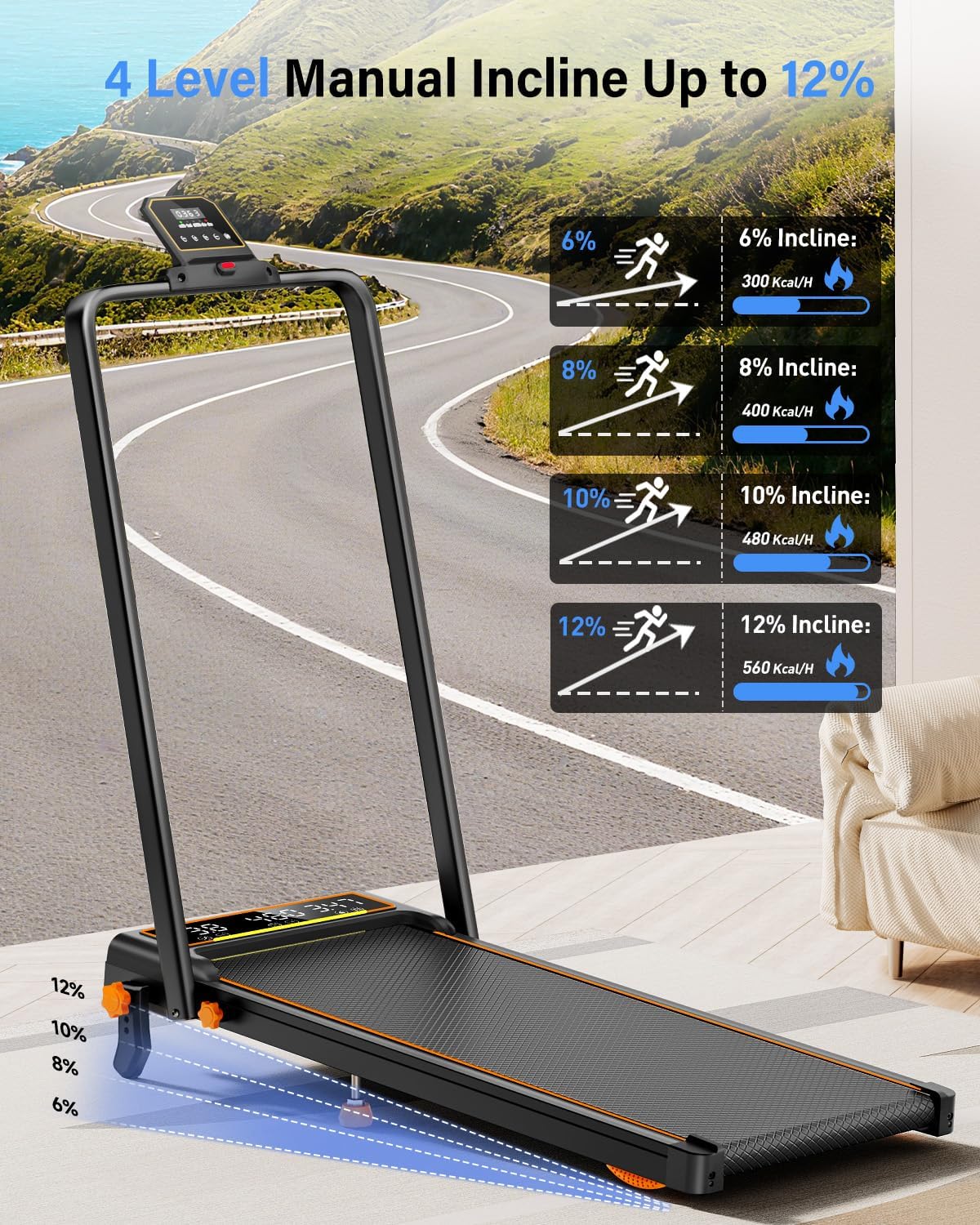 Walking Pad Treadmill with 15% Incline & Dual LED Display, 4 in 1 Walking Pad with Handle Bar, 3.5HP Foldable Treadmill with Incline, Treadmills for Home 350LBS, 4 Adjustable Incline, RGB Light - Image 2
