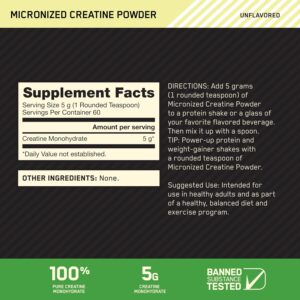 Optimum Nutrition Micronized Creatine Monohydrate Powder, Unflavored, 60 Servings, 300 Grams (Packaging May Vary)