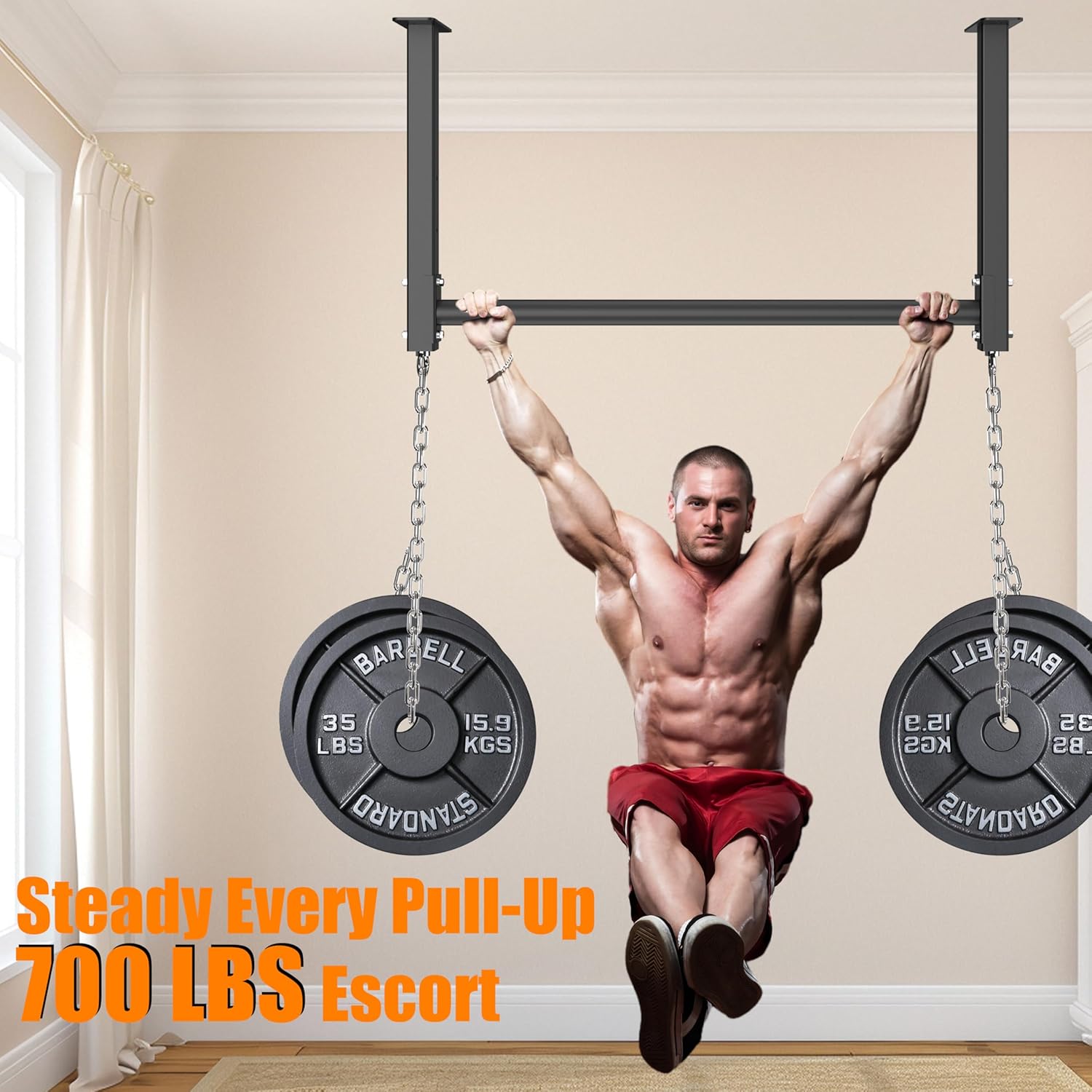 Ceiling Mounted Pull Up Bar, Heavy Duty 700 LBS Multi Grip Pull Up Bars, 16"/24" Rafter Chin Up Bar, Ceiling Joist for Garage/Gym/Basement with Comfortable Grip & Round Anchors, Easy to Install - Image 3