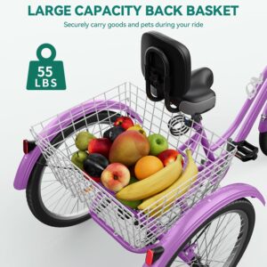 YITAHOME 24 & 26 Inch Adult Tricycle, 1 & 7 Speed 3 Wheel Bikes, Large Seat with Backrest Trike for Adults with Front & Rear Baskets, Cruiser Bike for Seniors Women Men Commute Picnic Outdoor
