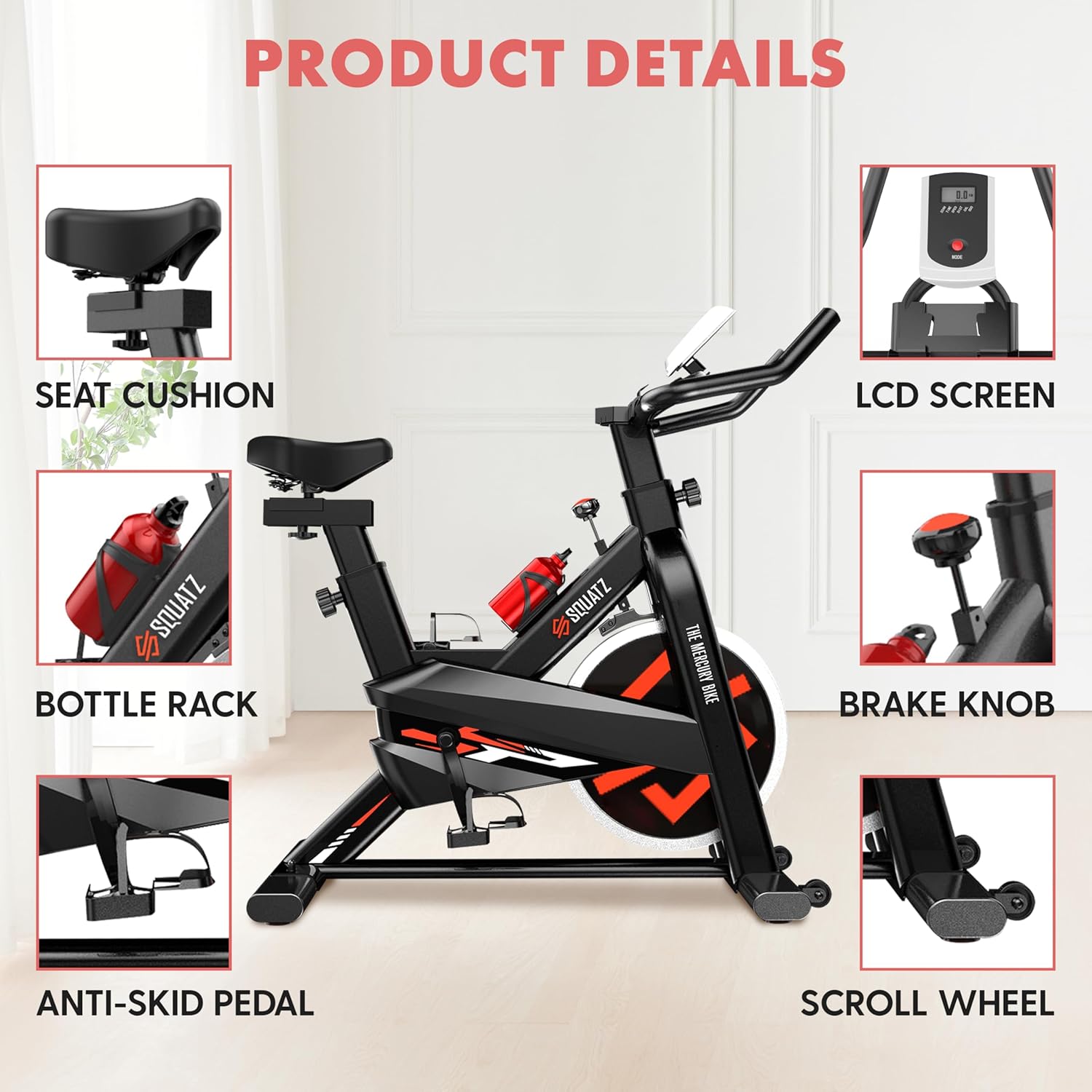 SQUATZ Stationary Cycling Bike Exerciser - Indoor Exercise Bicycle With Training Console, 4-Way Adjustable Seat and Handlebar, 8 Resistance Levels, Workout Equipment for Home Gym - Image 3