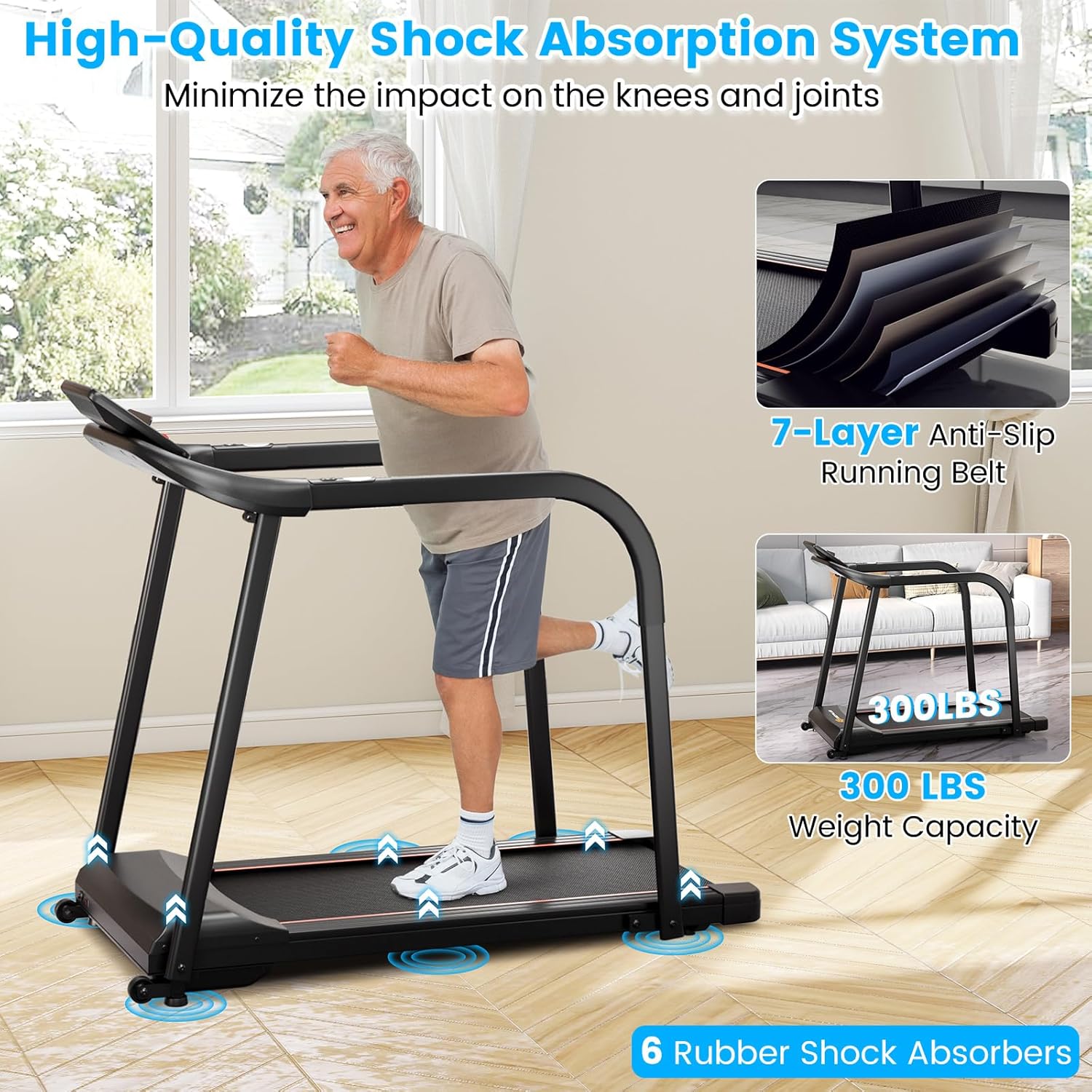 GYMAX Walking Treadmill for Seniors, 2.5HP LED Recovery Fitness Exercise Machine w/Preset Programs, Heart Rate Sensor, Device & Cup Holder, Wheeled Treadmill w/Long Handrail for Home - Image 3