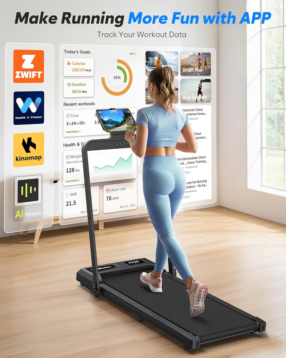 Foldable Treadmill with 10% Incline, Compact Walking Pad Treadmill with Safety Handle Bar, 3.0HP Quiet Under Desk Treadmills for Home/Office, 320 LBS Capacity, APP & Mute Remote Control - Image 7