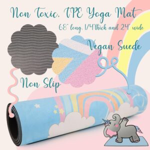 Kids Yoga Mat Set – 100 Beginner Yoga Cards + Positive Affirmations & Plush Ellicorn – Vegan Suede TPE Yoga Mat – NO PVC -Non-Toxic – Non-Slip (68 x 24 x 1/4″ thick) Girls Birthday Gift, Gift For Her