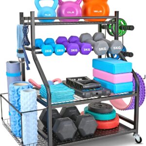 Dumbbell Rack, Yoga Mat Storage Rack – Weight Rack for Dumbbells, Home Gym Storage Rack for Yoga Mat, Dumbbells and Kettlebells, All in One Workout Equipment Storage with Caster Wheels