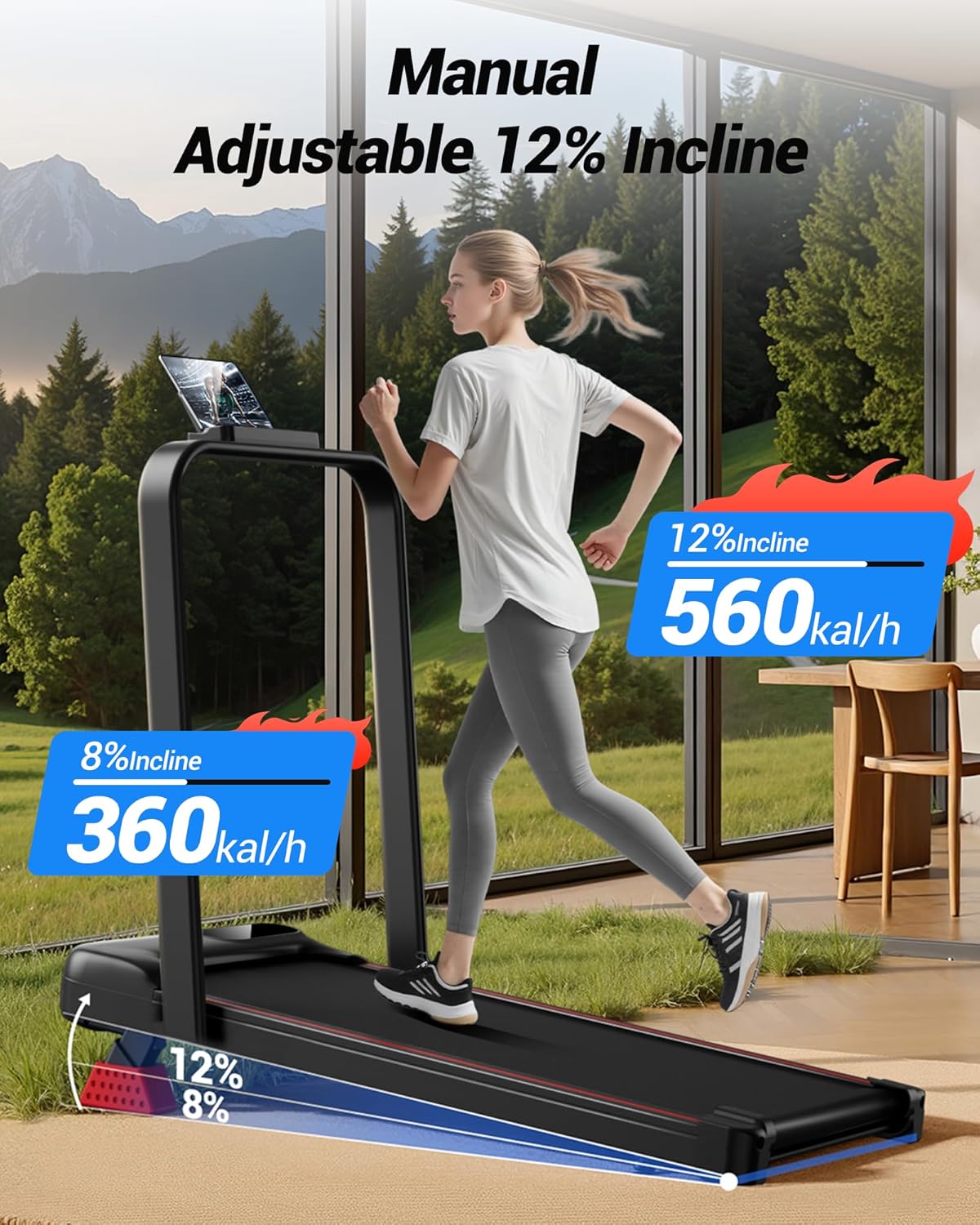 Walking Pad Treadmill with Handle Bar - 2.5HP Quiet Folding Treadmill for Home Office Under Desk Portable Walking Pad with 12% Incline 300LBS Capacity - Image 2