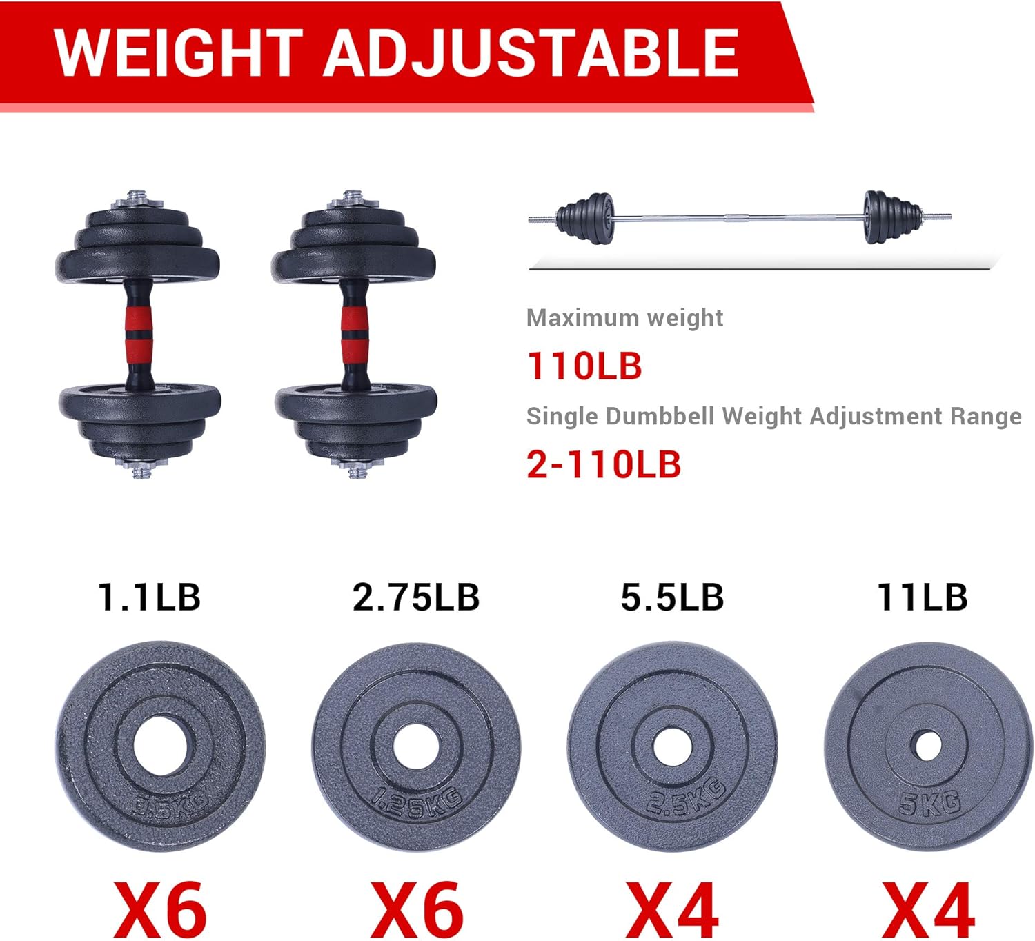 Nice C Adjustable Dumbbells, Barbell Weight Set, Dumbbell Set, Weights Adjustable 22/33/44/66/105 Lbs Home Gym 2 in 1, Anti-Slip Handle, All-Purpose, Office, Fitness - Image 2