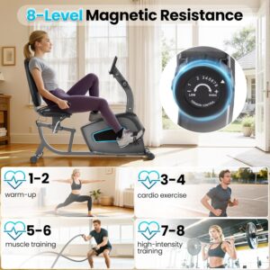 Recumbent Exercise Bike for Home, Recumbent Stationary Bike for Adults & Seniors with 8-Level Magnetic Resistance, Adjustable Seat, Heart Rate Handle & LCD Display, 300LB Capacity