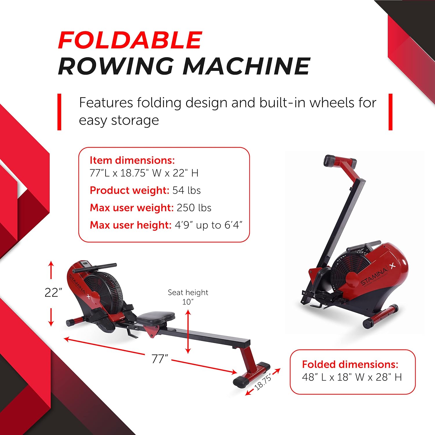 Stamina ATS Air Rower Machine with Smart Workout App - Foldable Rowing Machine with Dynamic Air Resistance for Home Gym Fitness - Up to 250 lbs Weight Capacity (Renewed) - Image 4