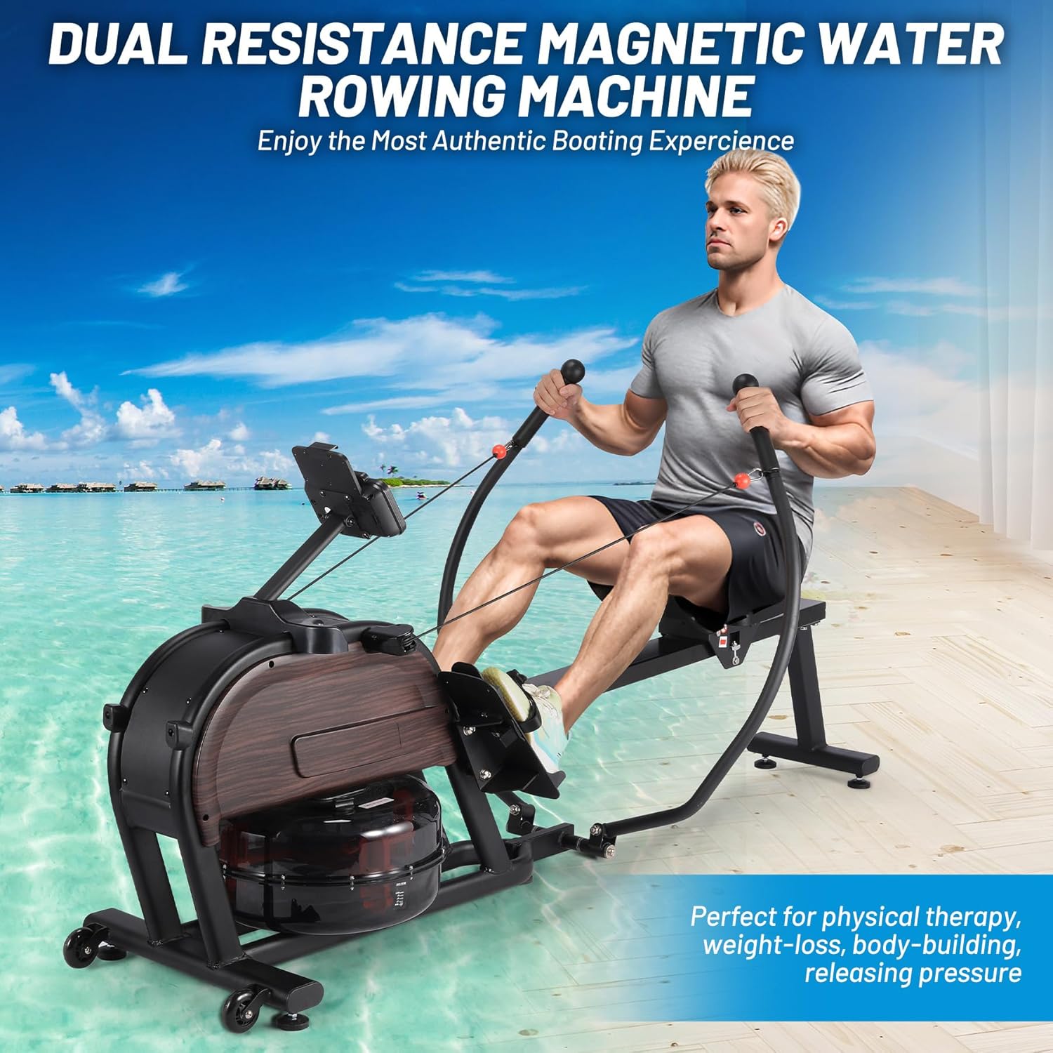 Rowing Machine, Magnetic Water Rower Machine for Home, 16 Levels of Quiet Resistance, Extended Slide Rail with Max 350lb Weight Capacity, App Compatible, Full-Body Workout Fitness Rower - Image 8