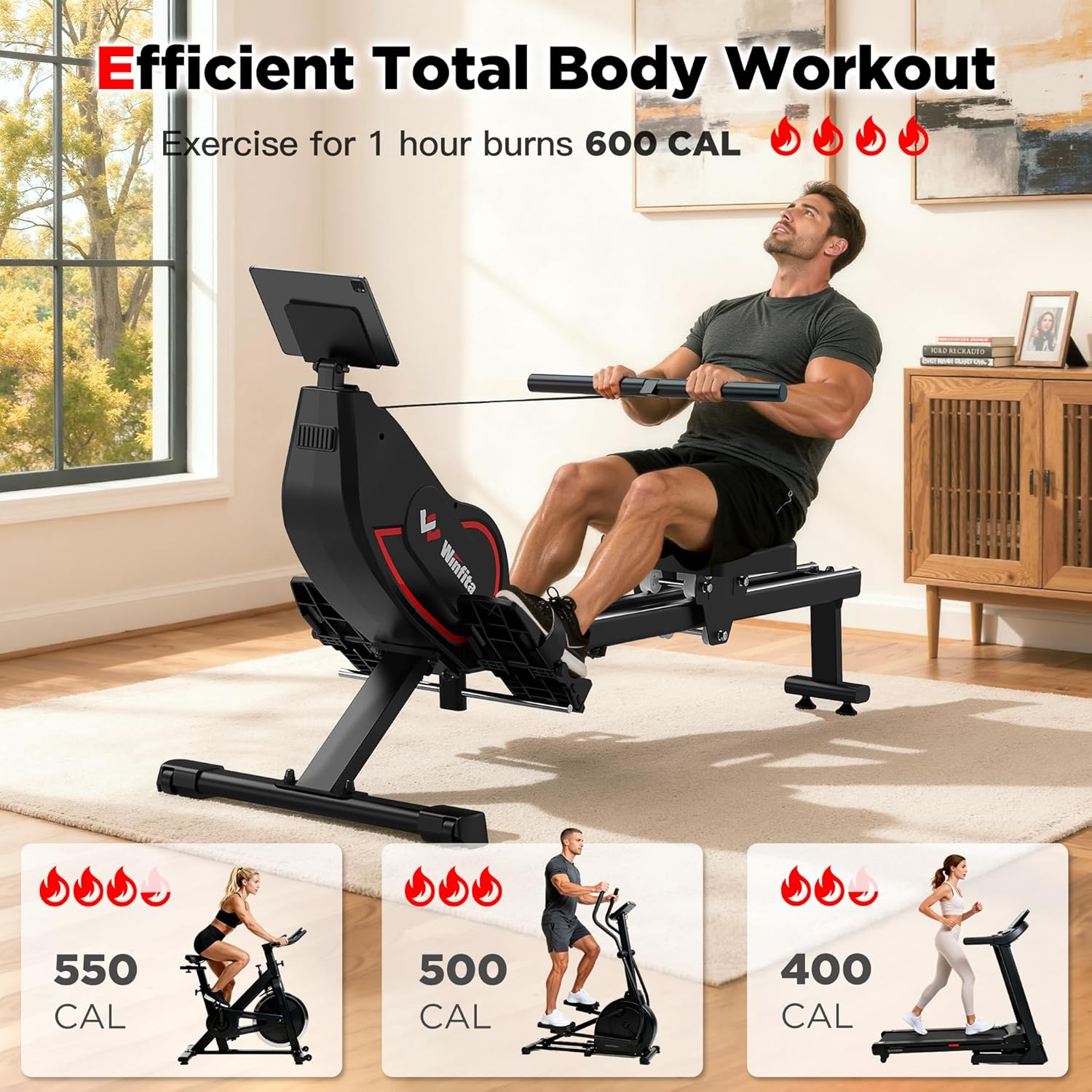 Rowing Machines for Home,Quiet Resistance Magnetic Rower Machine with 32 Levels,350lb Weight Capacity,Compact Dual Slide Rail,LED Monitor & Comfortable Seat,App Supported&Tablet Holder - Image 3