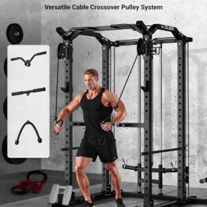 C11 Multi-Function Power Rack, 2000 lbs Power Cage with Adjustable Cable Crossover System and More Training Attachment, All-in-One Squat Rack with Dual Pulley System