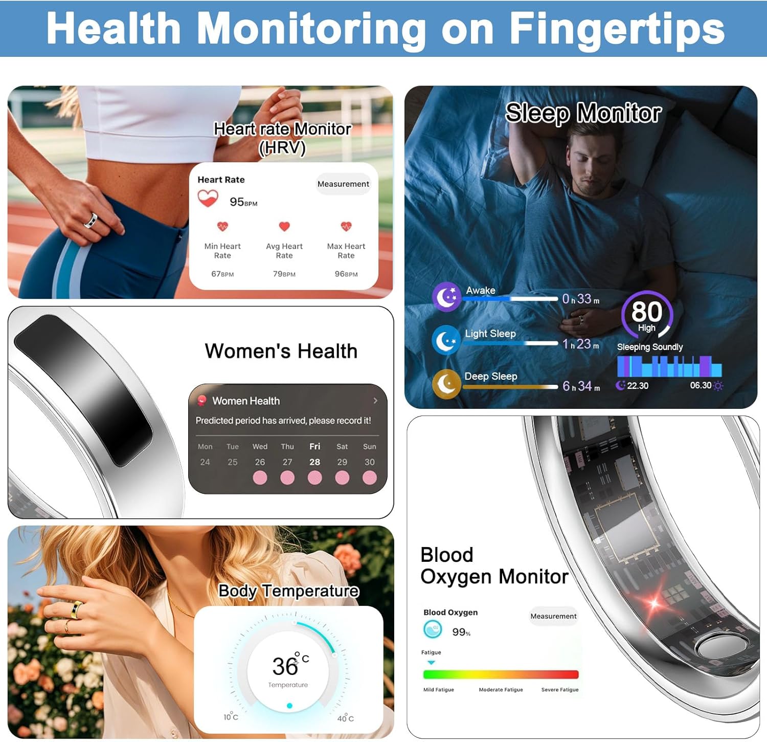Smart Health Ring for Women Men, Vibration Alert, Touch Control, Fitness Tracker Ring with Sleep/Women's Health/Heart Rate/Steps, IP68 Waterproof for iPhone and Android, Silver 9, No Subscription - Image 2