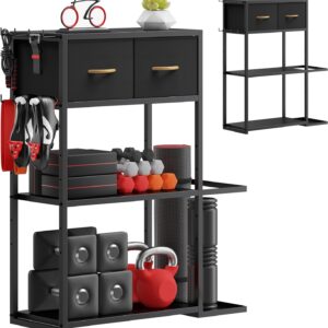 Home Gym Storage Shelf Stand Only, Adjustable Weight Rack for Dumbbells Plus Extra Upper Drawer, for Weight, Mat and Workout Equipment, Large Capacity Gym Organizer with 4-Tier, Easy-assembly