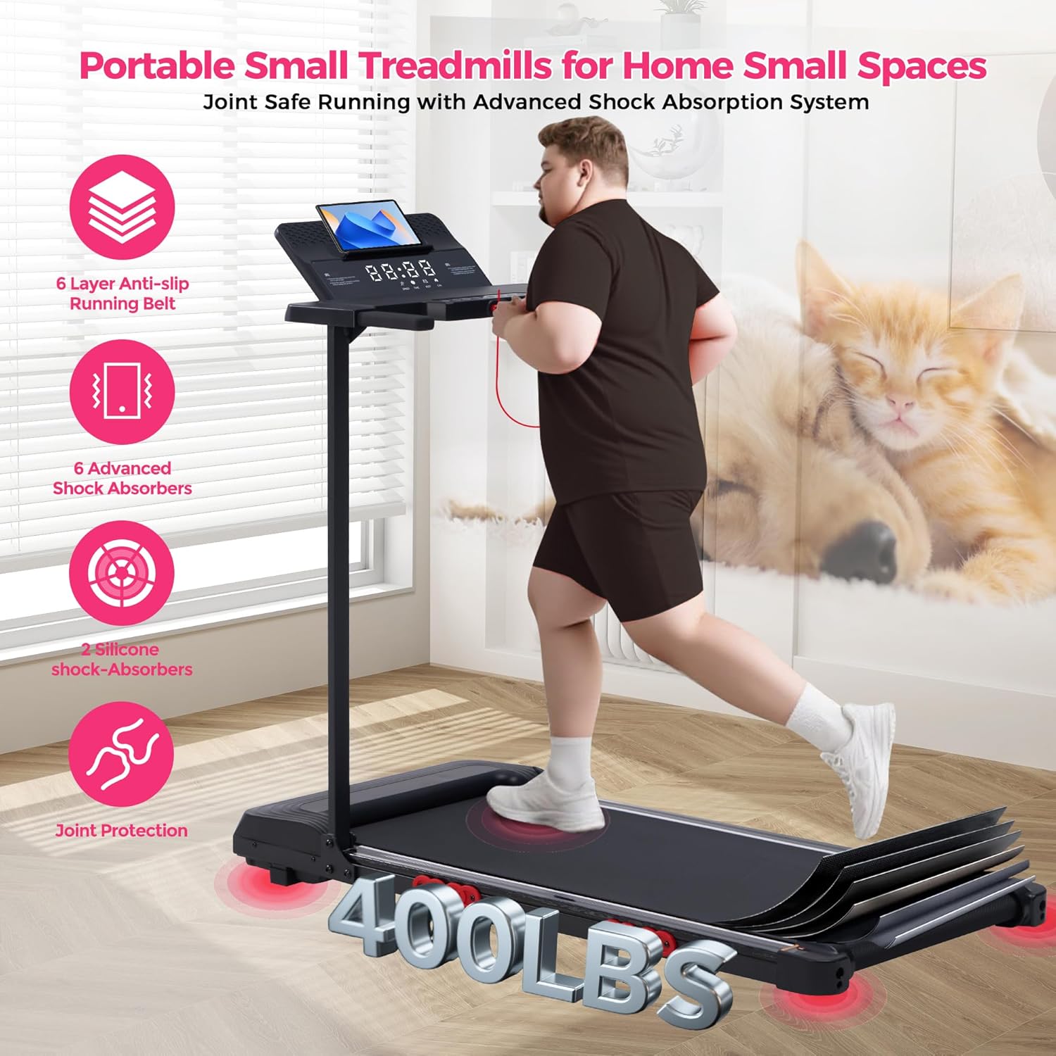 Walking Pad Treadmill with Handle Bar, Portable Treadmill with Handles for Home Apartment Small, 3.5HP & 0.6-10MPH Electric Small Treadmills Home with Big Screen, 400LBS - Image 6