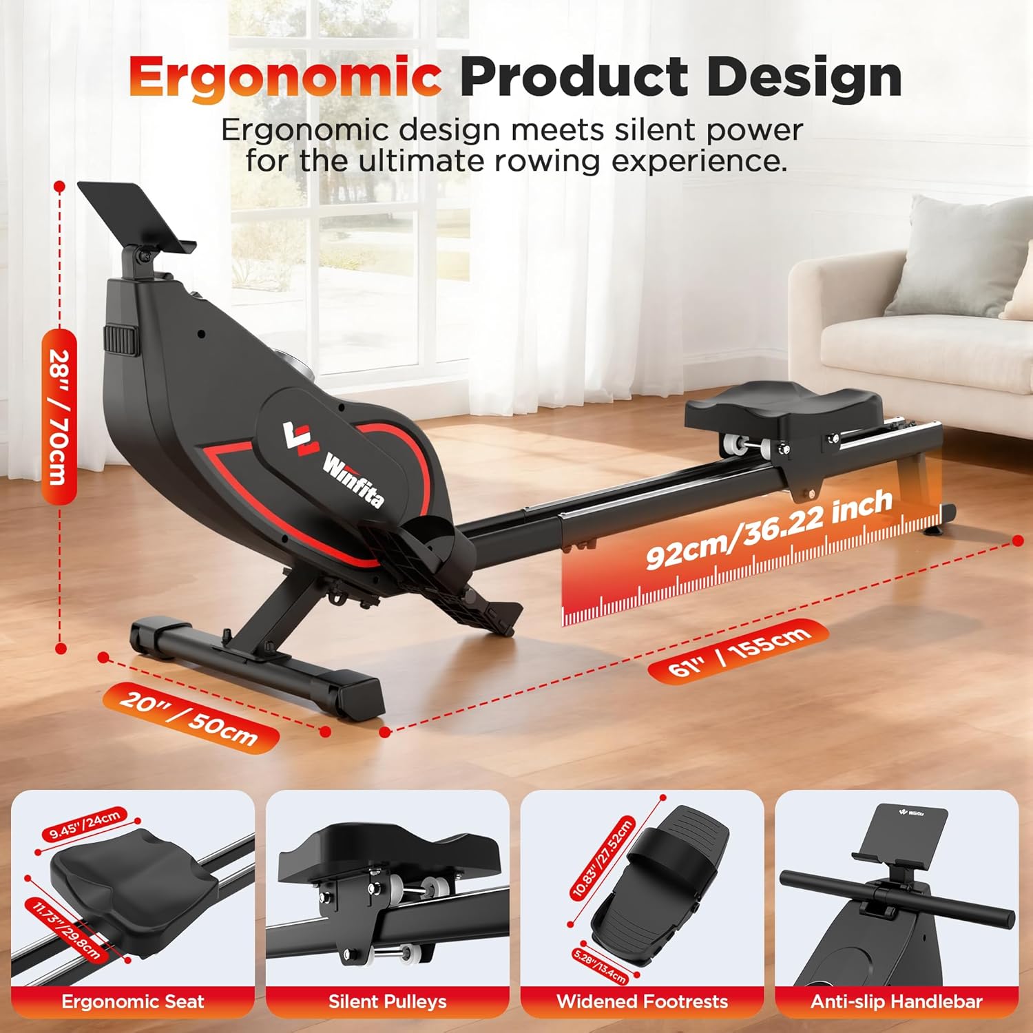 Rower Machine,32 Levels of Quiet Resistance Magnetic Rowing Machine for Home 350 lb Capacity,Compact Dual Slide Rail,Row Machine w/Monitor & Comfortable Seat, BT,App Supported&Tablet Holder - Image 9