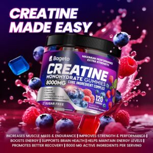 Creatine Monohydrate Gummies Complex 8000mg for Men and Women, Flavored and Chewable Creatine with Taurine, L-Carnitine, Electrolyte for Muscle Growth, Strength & Energy, Pre Workout Gummies 120pcs