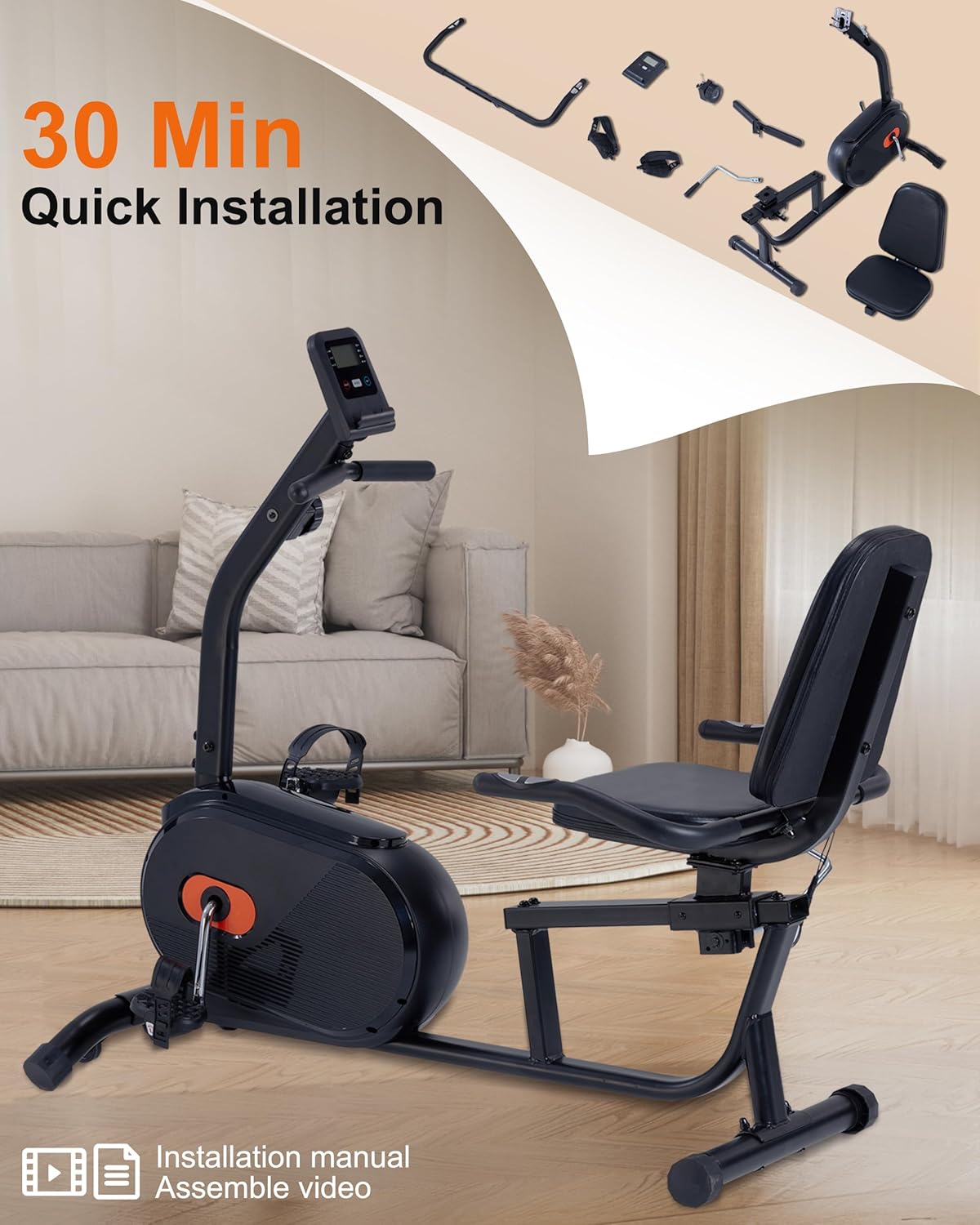 ECHANFIT Recumbent Exercise Bike for Home - 350LBS Weight Capacity, 16-Level Magnetic Resistance, Heart Rate Handle, Comfortable Seat, LCD Display, Black - Image 5